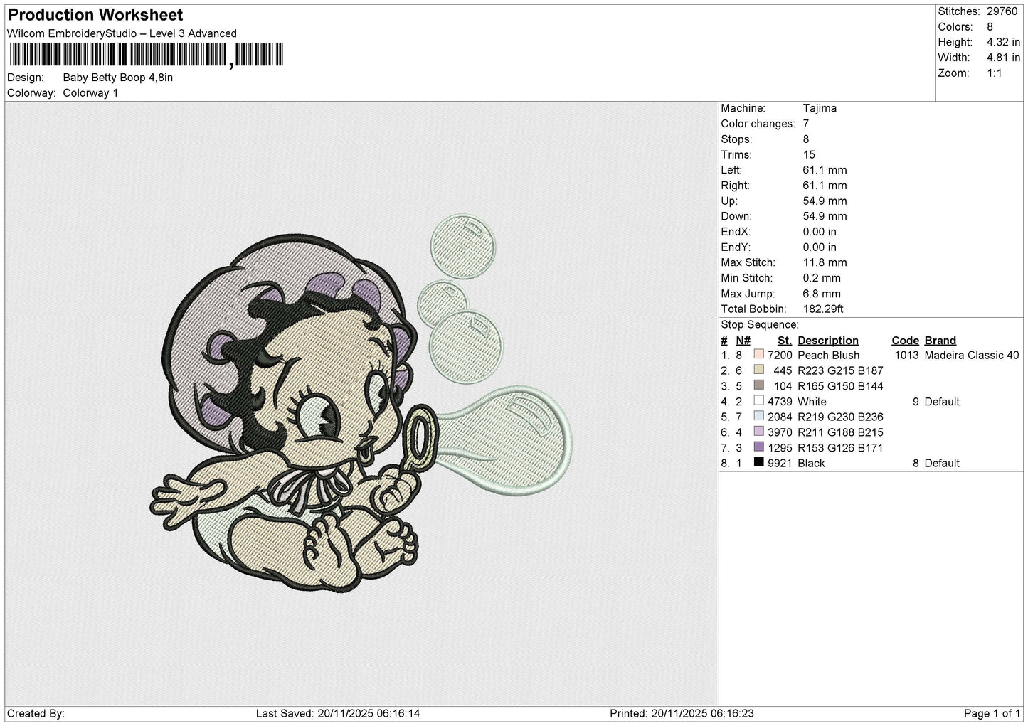 Baby Betty Boop Embroidery File 6 sizes