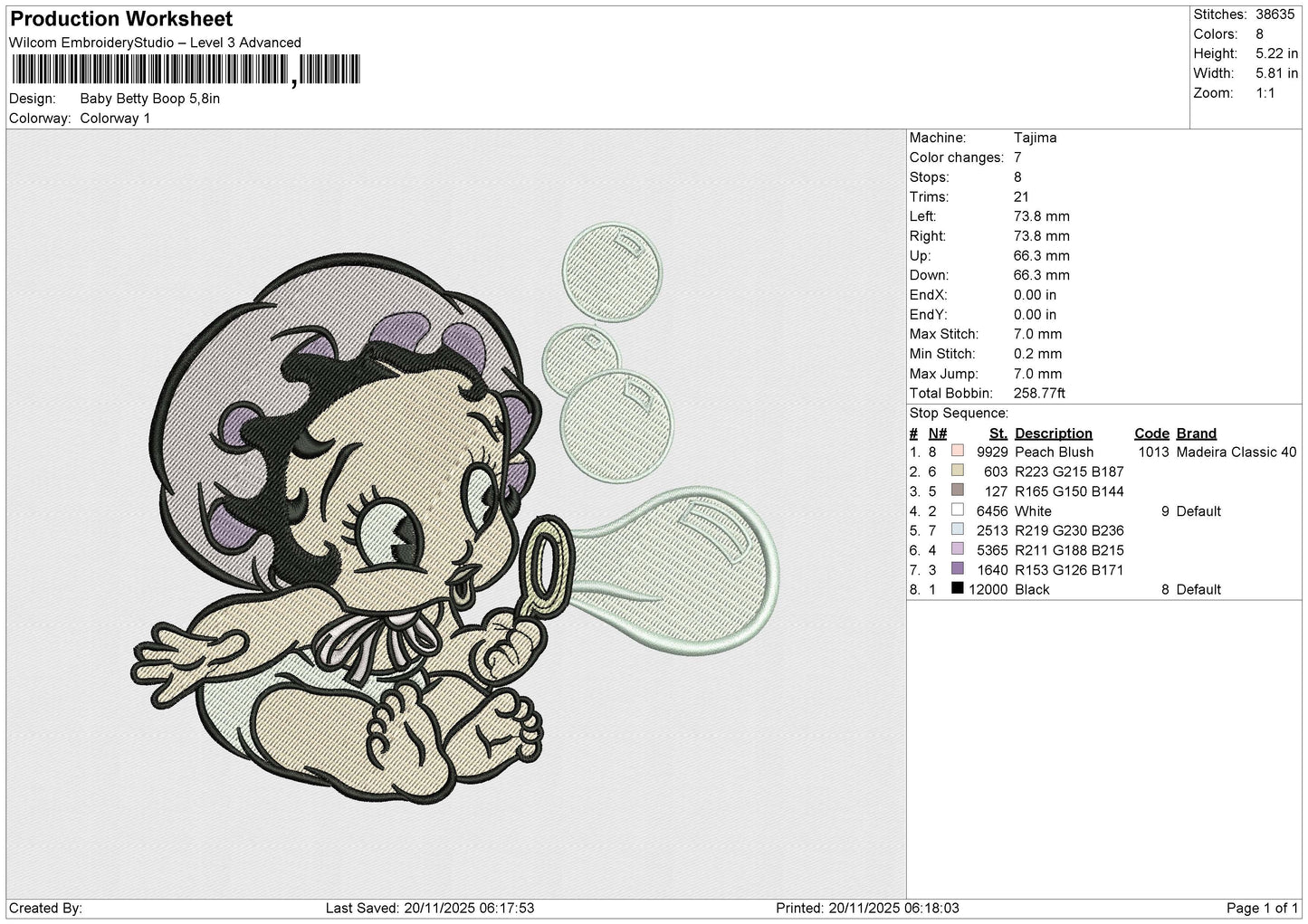 Baby Betty Boop Embroidery File 6 sizes