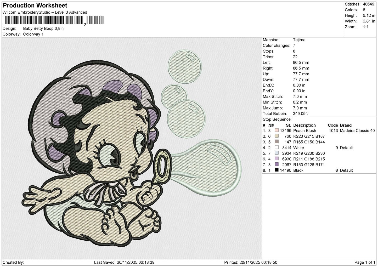Baby Betty Boop Embroidery File 6 sizes