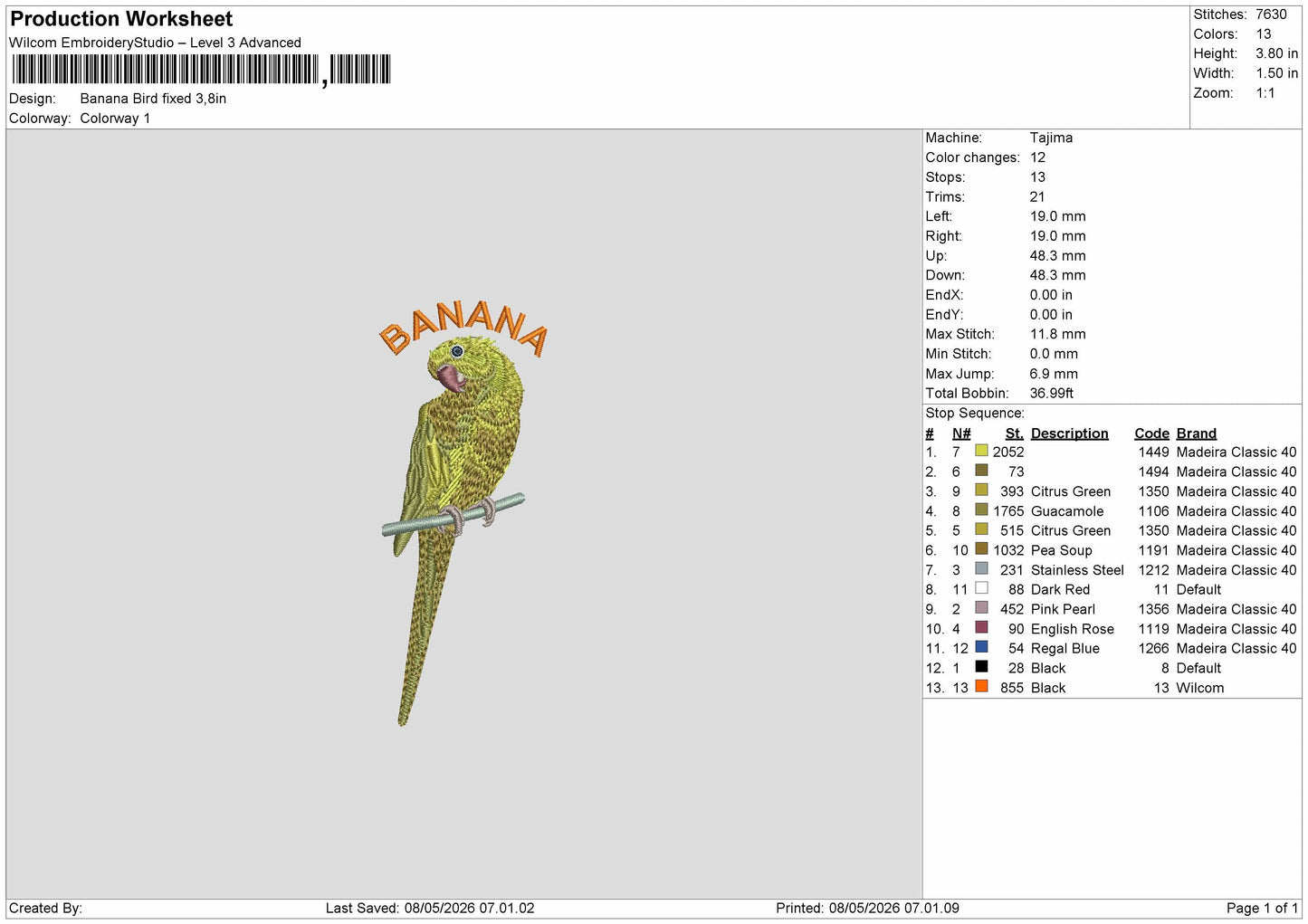 Bird Banana Embroidery File 6 sizes