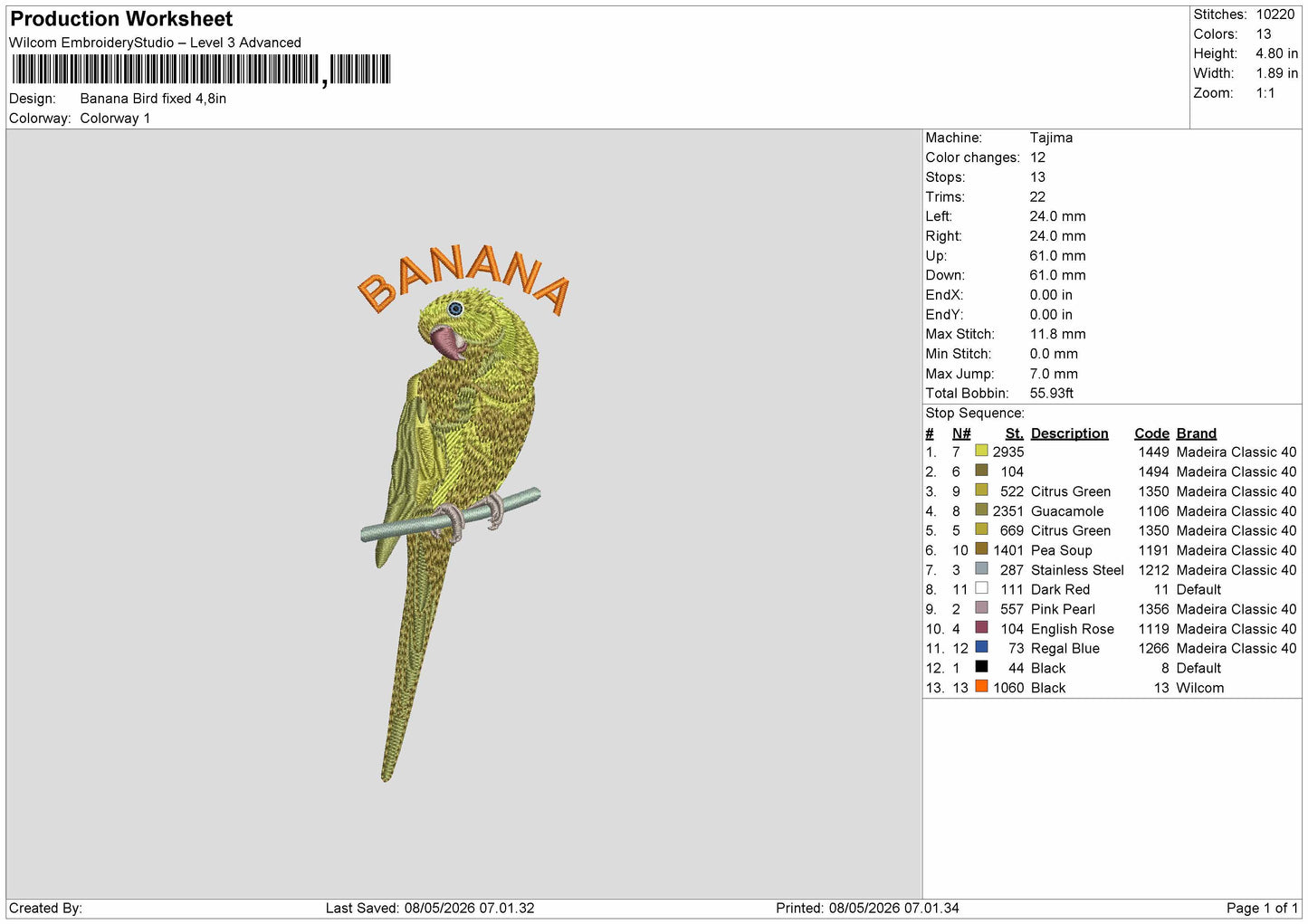 Bird Banana Embroidery File 6 sizes