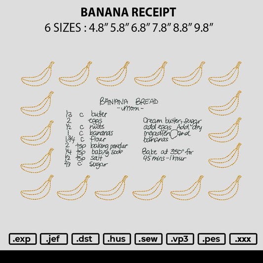 Banana Receipt Embroidery File 6 sizes