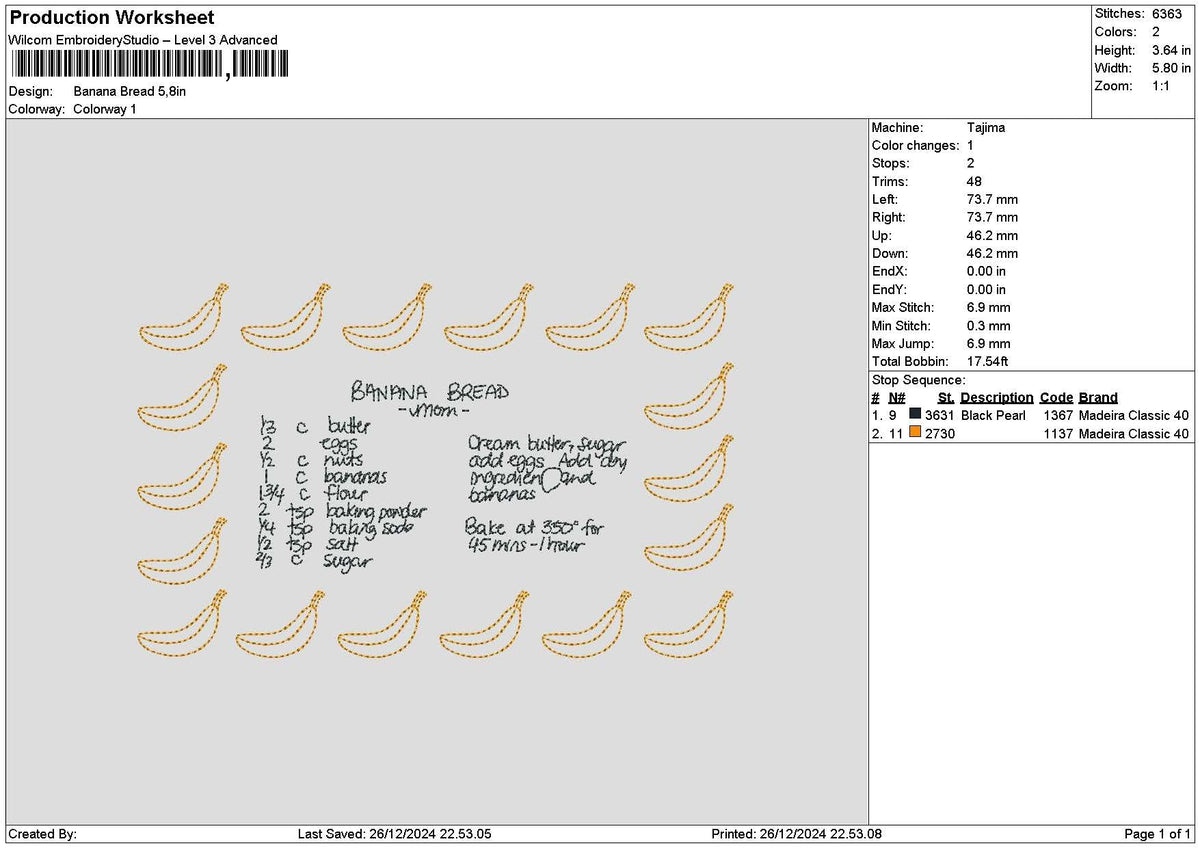Banana Receipt Embroidery File 6 sizes