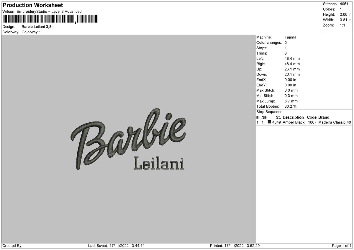Barbie Leilani Embroidery File 6 sizes