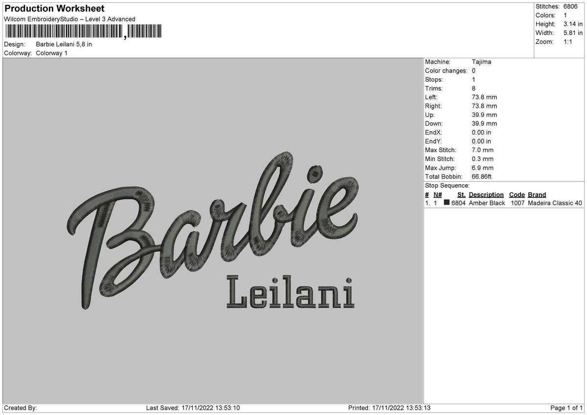 Barbie Leilani Embroidery File 6 sizes