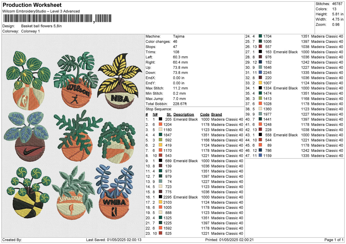 Basket ball flowers Embroidery File 6 size
