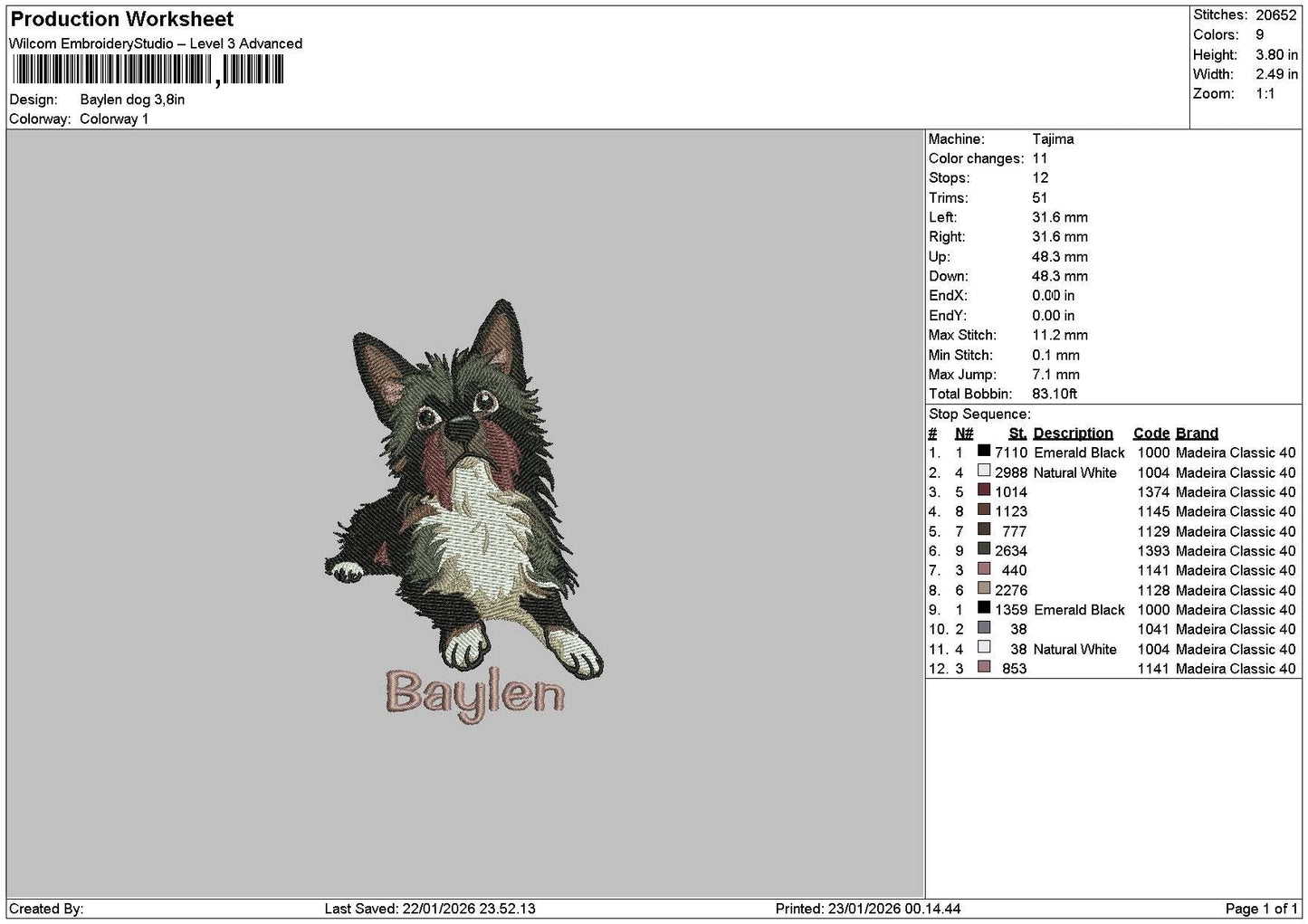 Baylen Dog Embroidery File 6 sizes