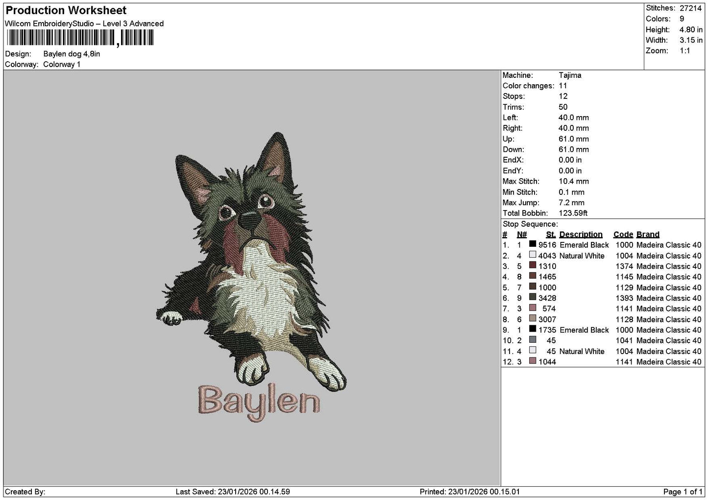 Baylen Dog Embroidery File 6 sizes