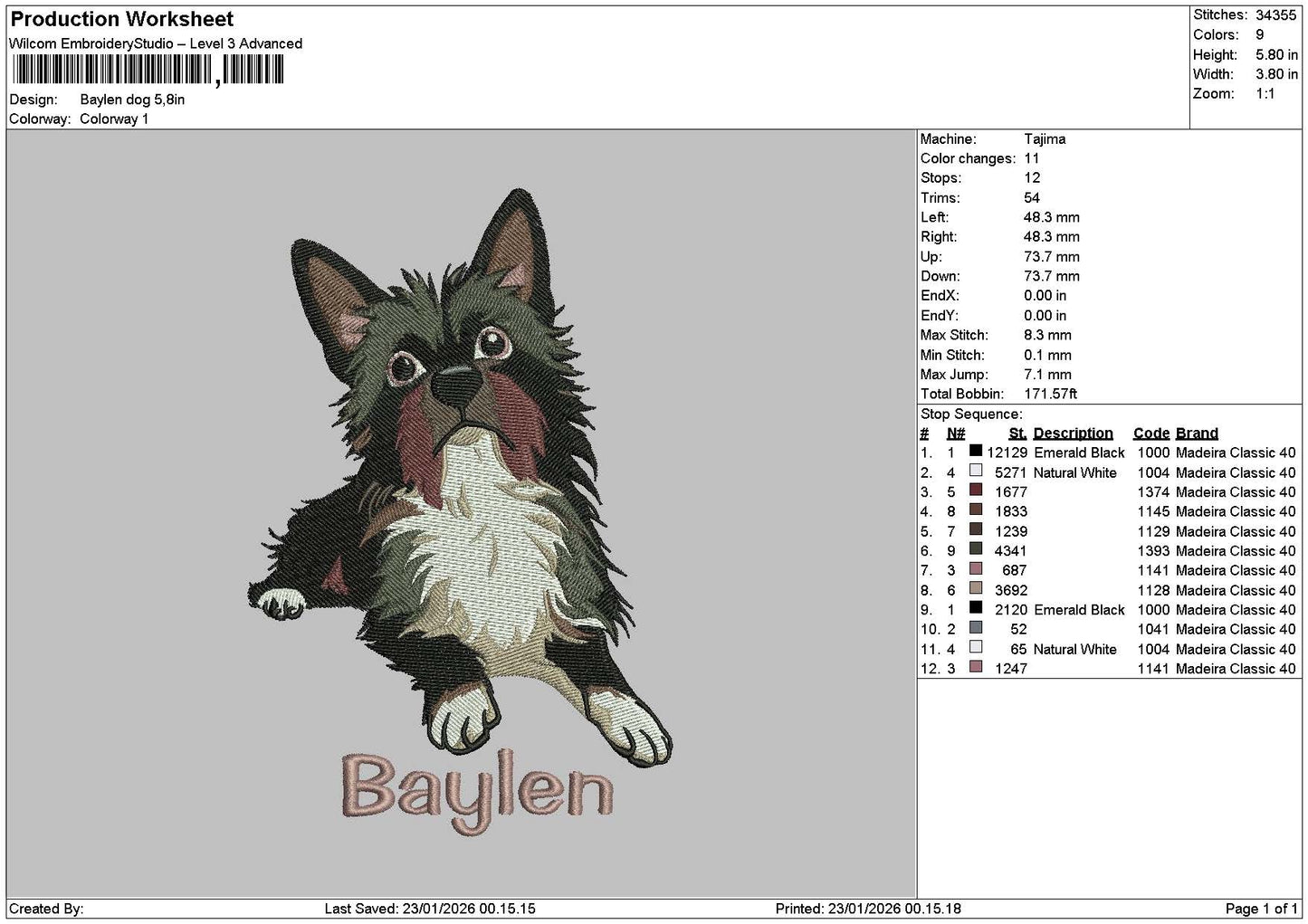 Baylen Dog Embroidery File 6 sizes