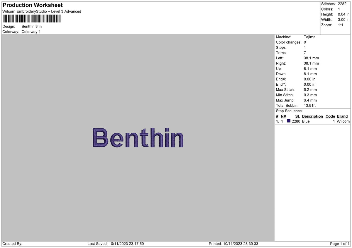 Benthin Embroidery File 6 sizes