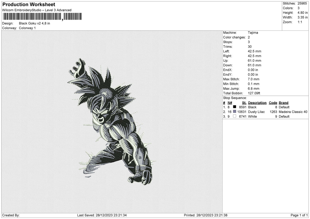 Black Goku v2 Embroidery File 6 size