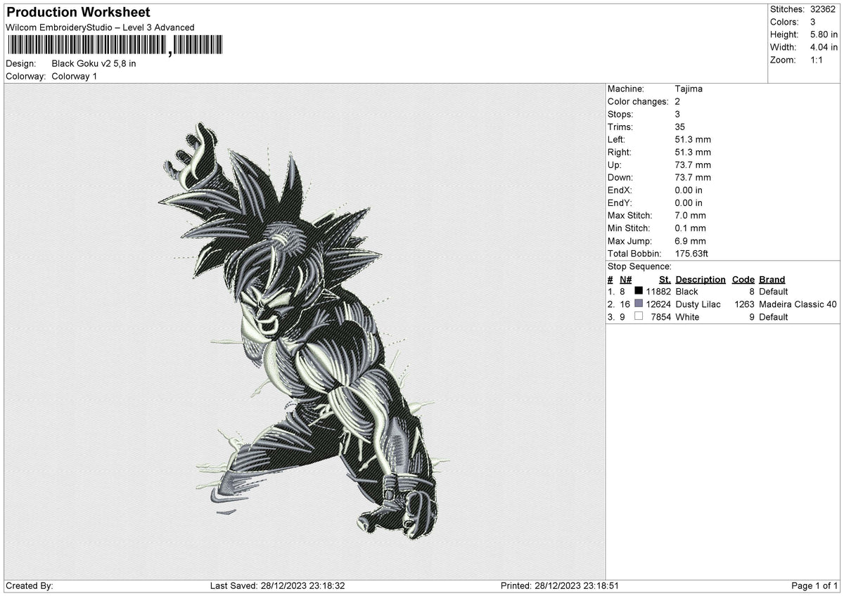 Black Goku v2 Embroidery File 6 size