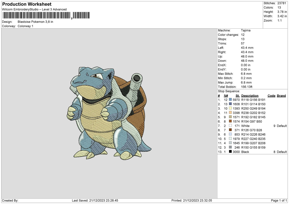 Blastoise Poke Embroidery File 6 sizes