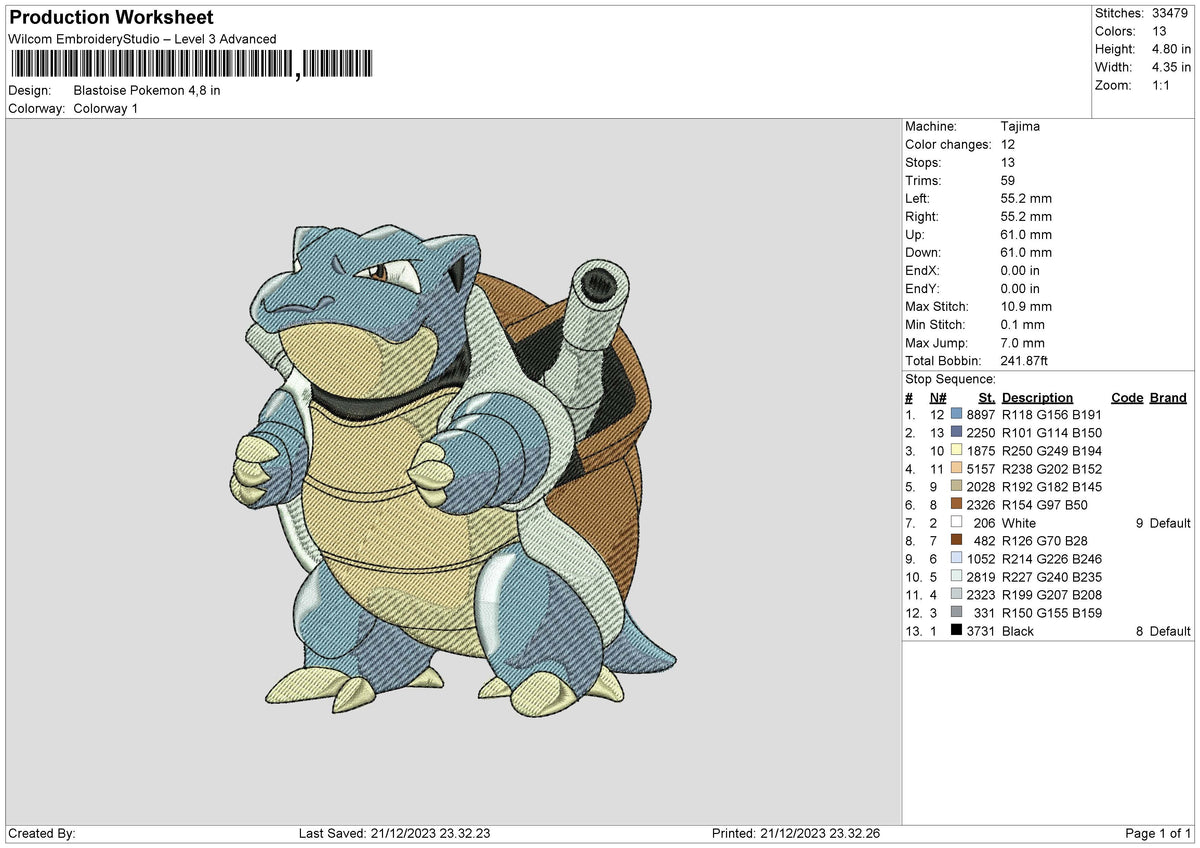 Blastoise Poke Embroidery File 6 sizes