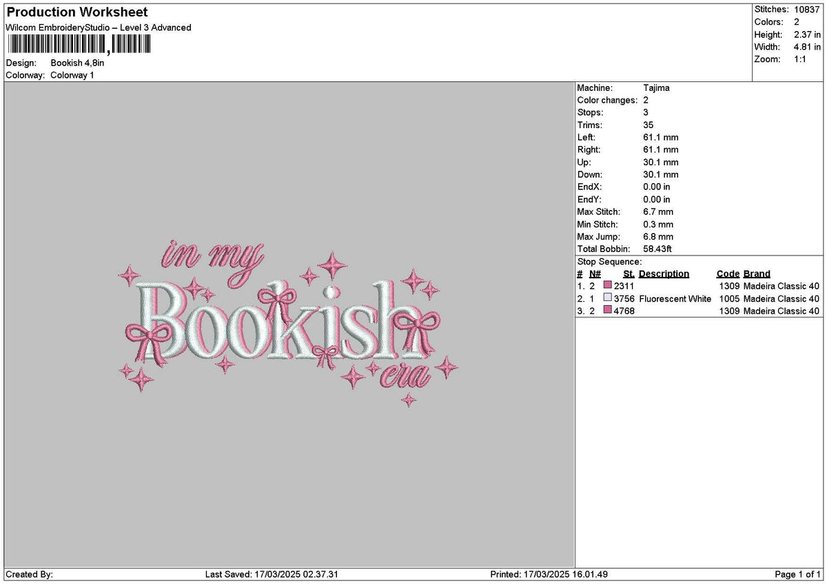 Bookishtext Embroidery File 6 sizes