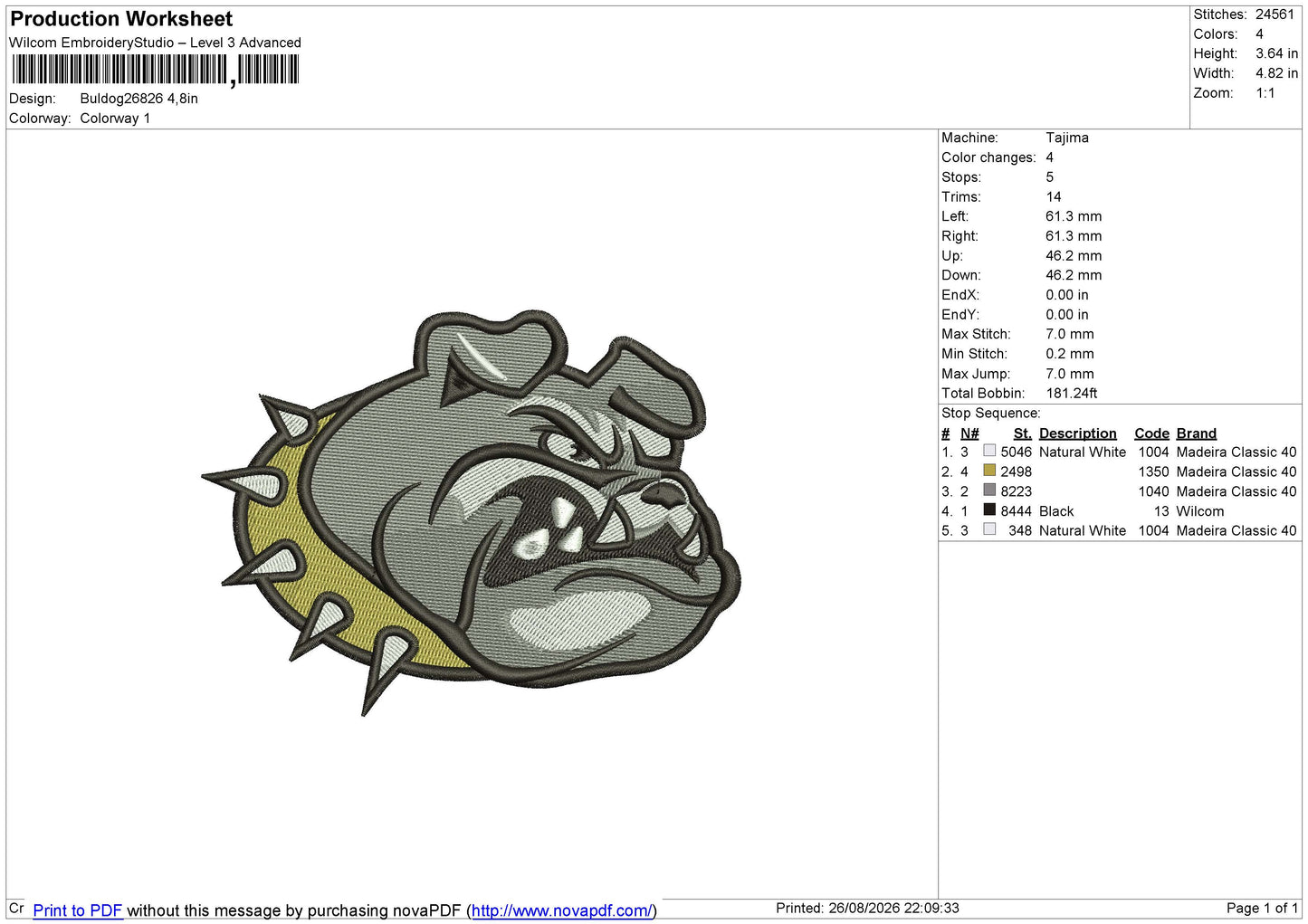 Buldog26826 Embroidery File 6 size