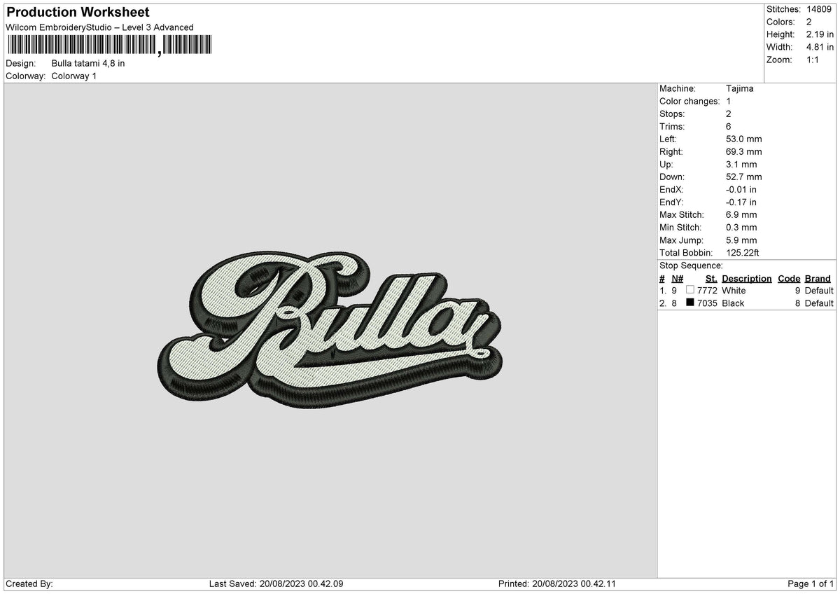 Bulla Tatami Embroidery File 6 sizes