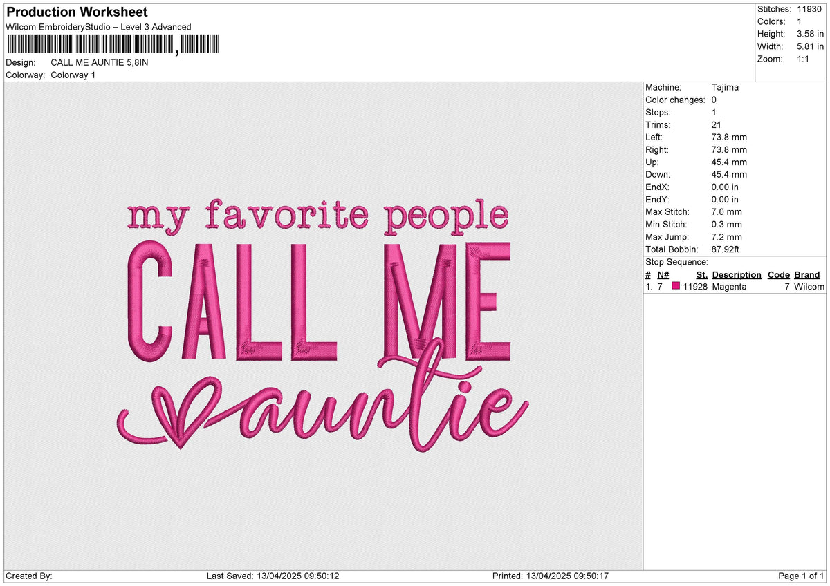 CALL ME AUNTIE Embroidery File 6 size