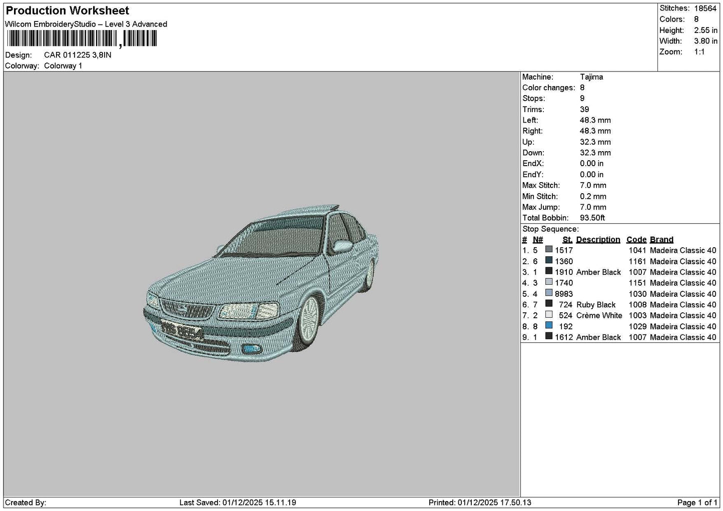 Car 0112 Embroidery File 6 sizes