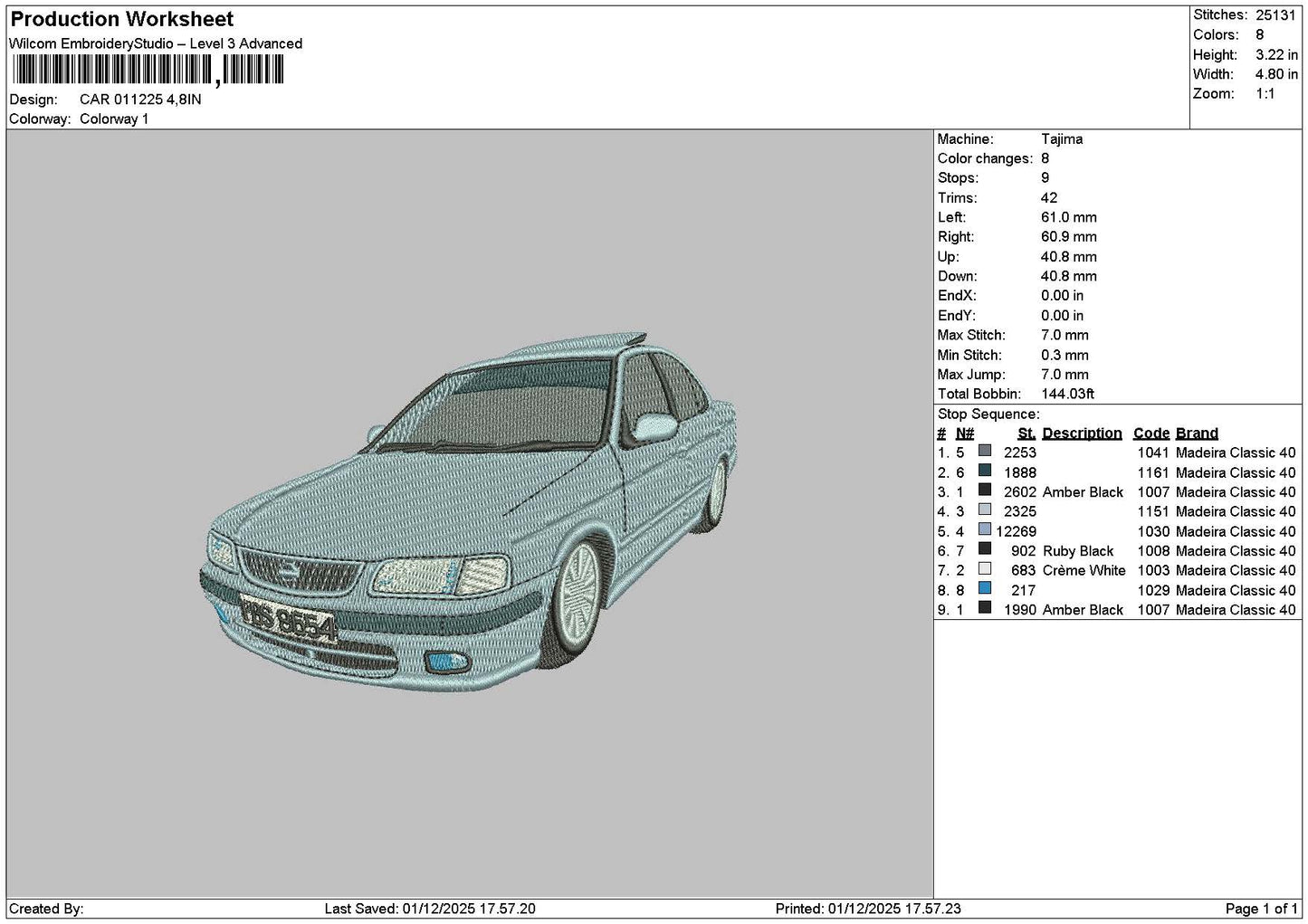 Car 0112 Embroidery File 6 sizes