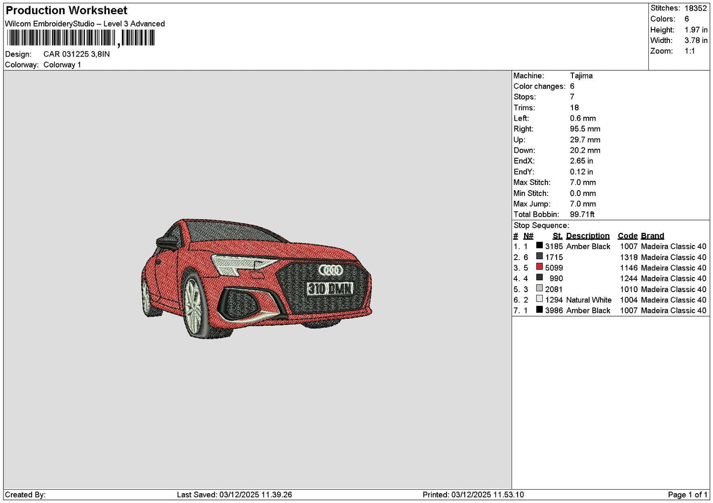 Red Car 0312 Embroidery File 6 sizes