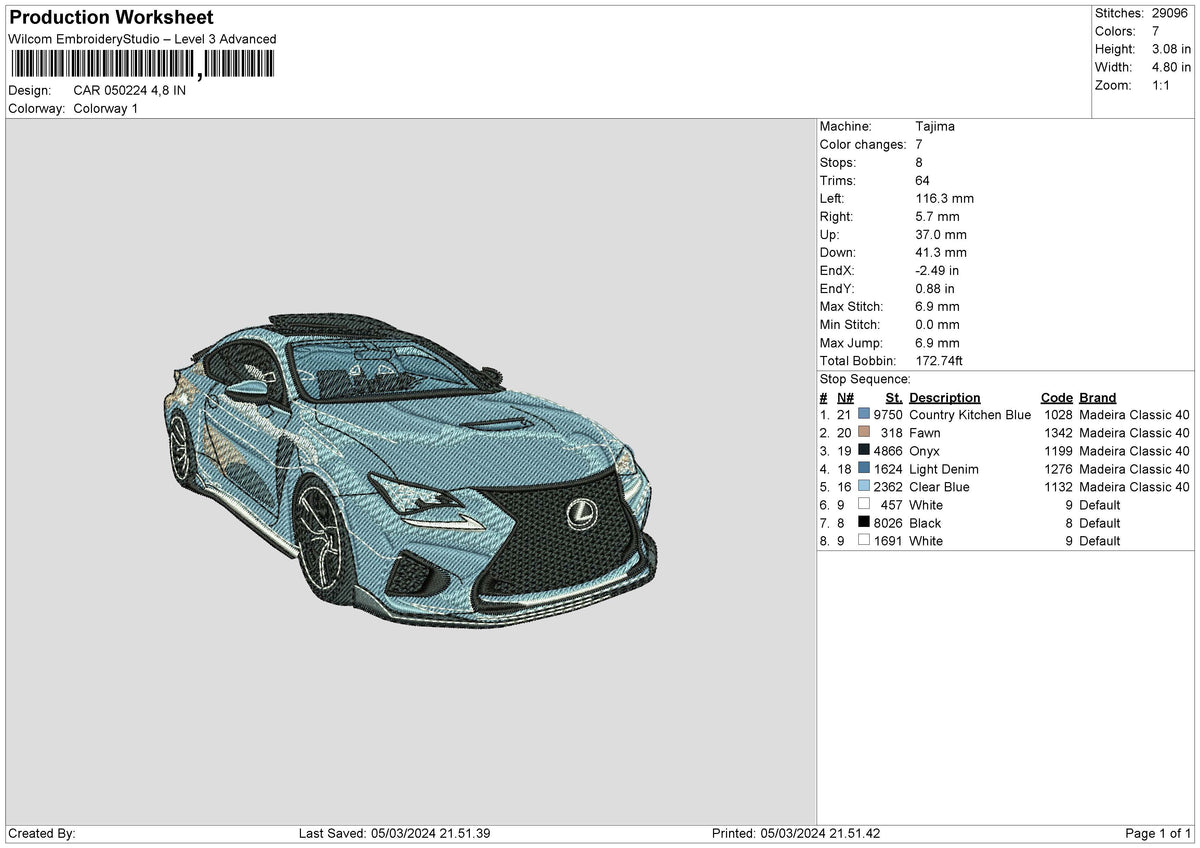 Car 0502 Embroidery File 6 sizes