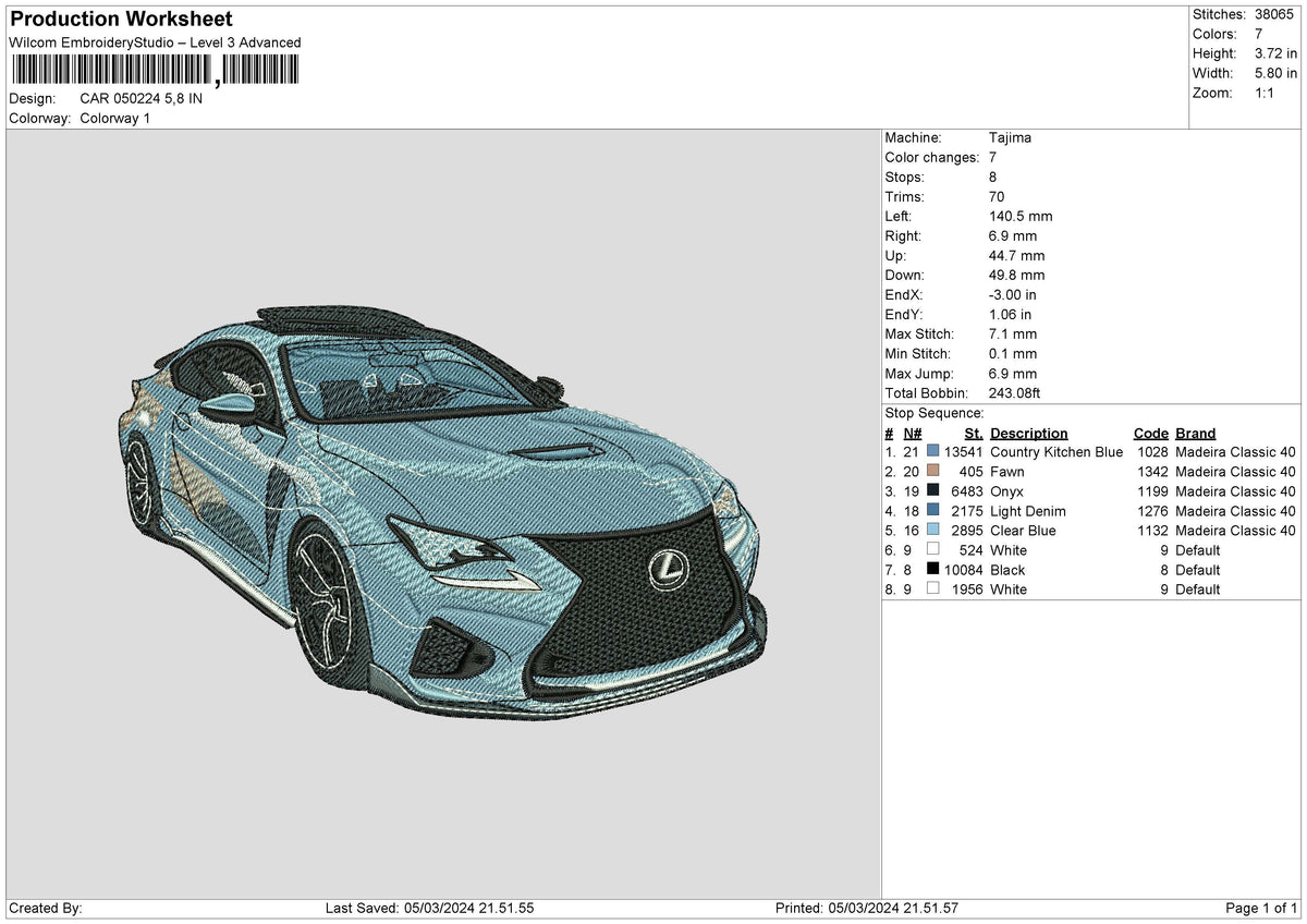 Car 0502 Embroidery File 6 sizes