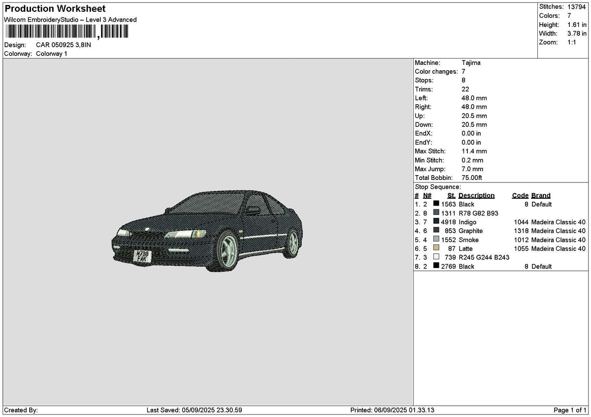 Car 0509 Embroidery File 6 sizes