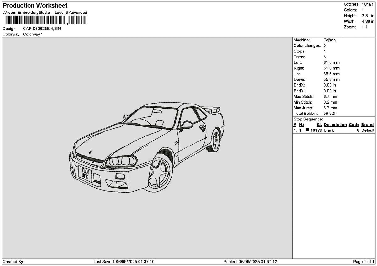 Car 0509b Embroidery File 6 sizes
