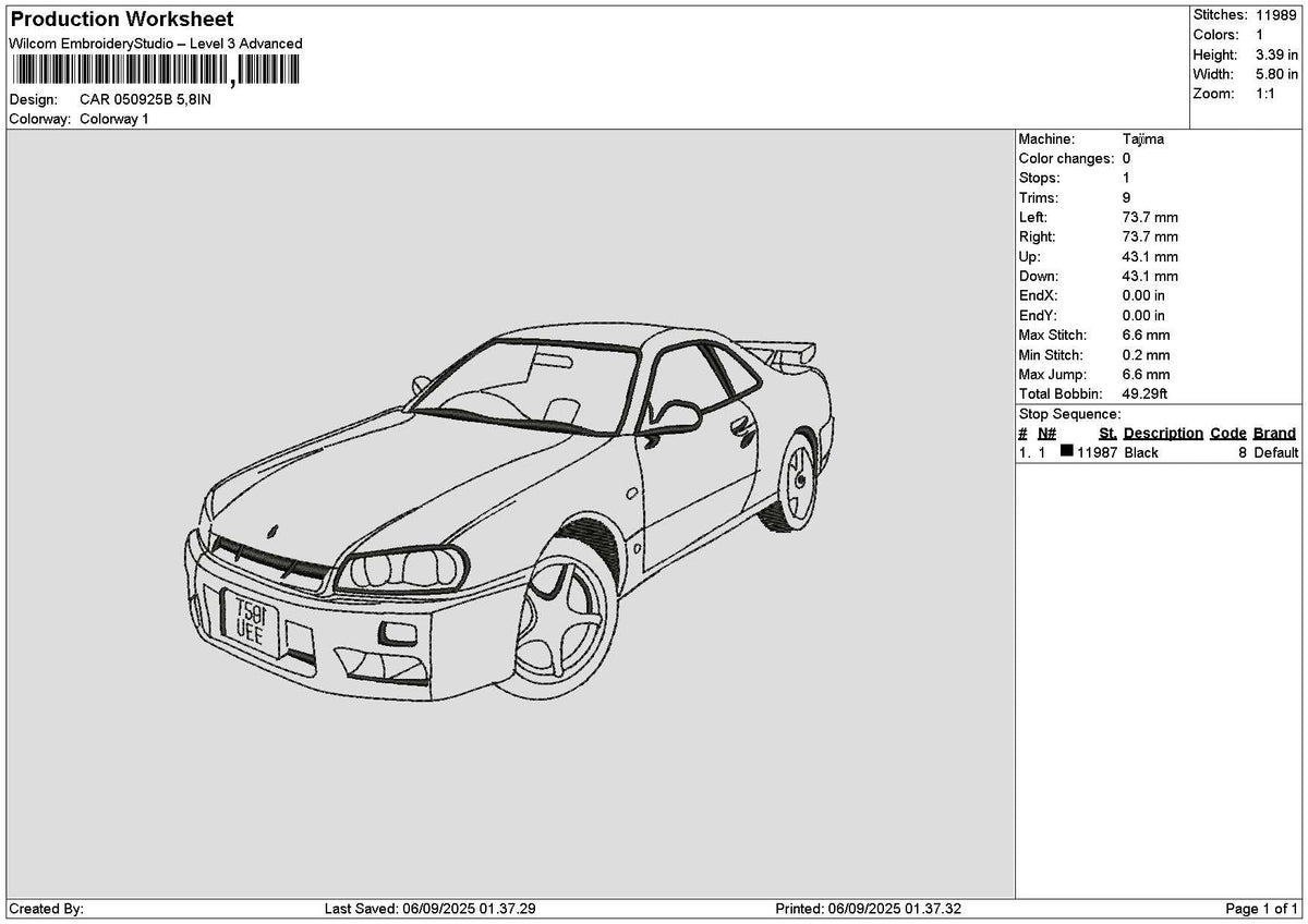 Car 0509b Embroidery File 6 sizes