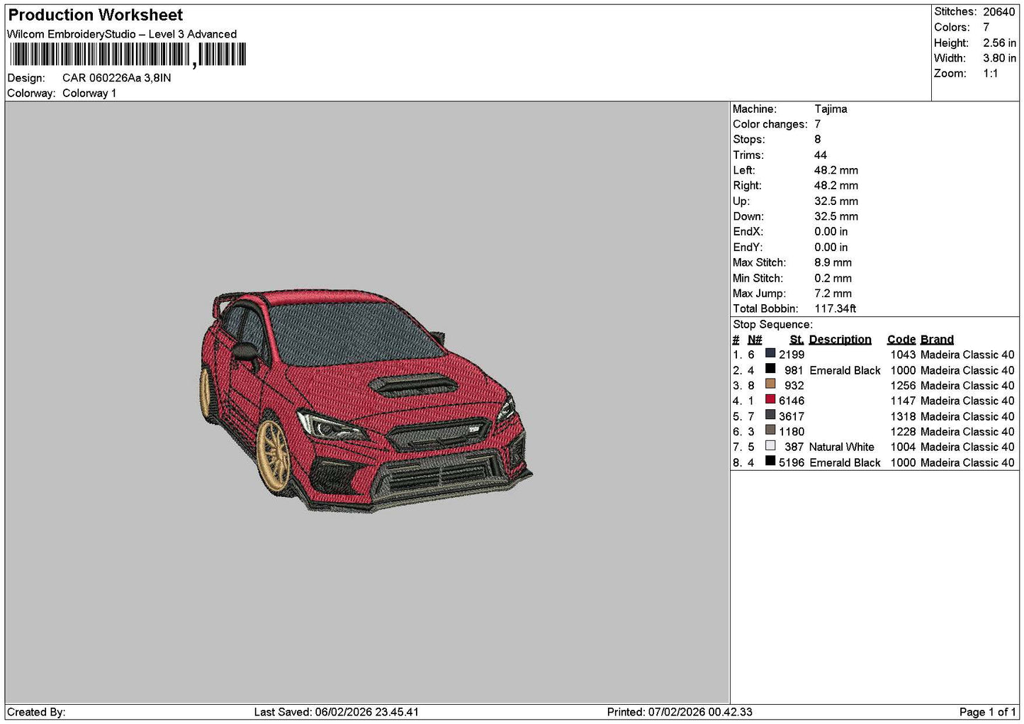 Red Car 0602aa Embroidery File 6 sizes