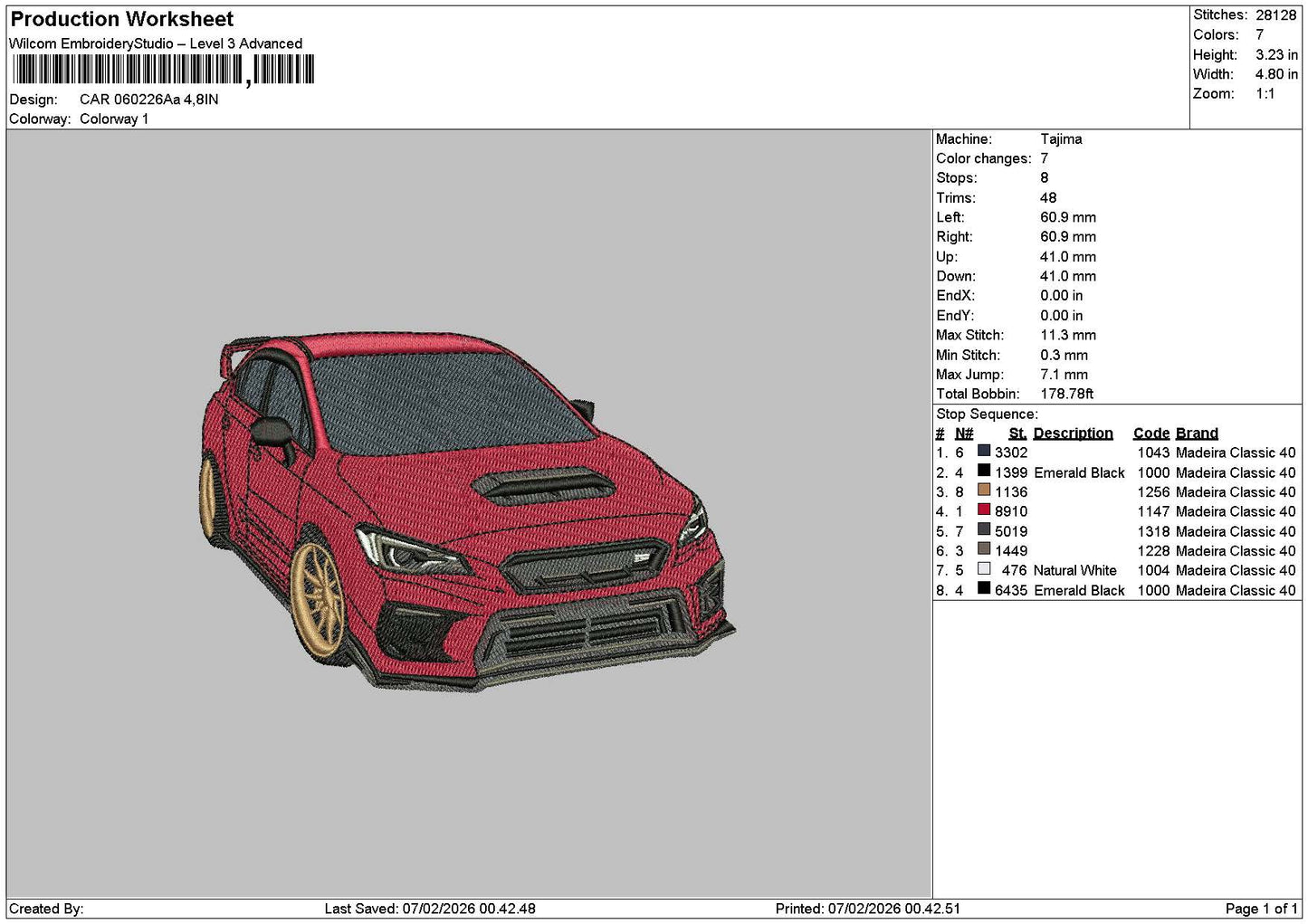 Red Car 0602aa Embroidery File 6 sizes