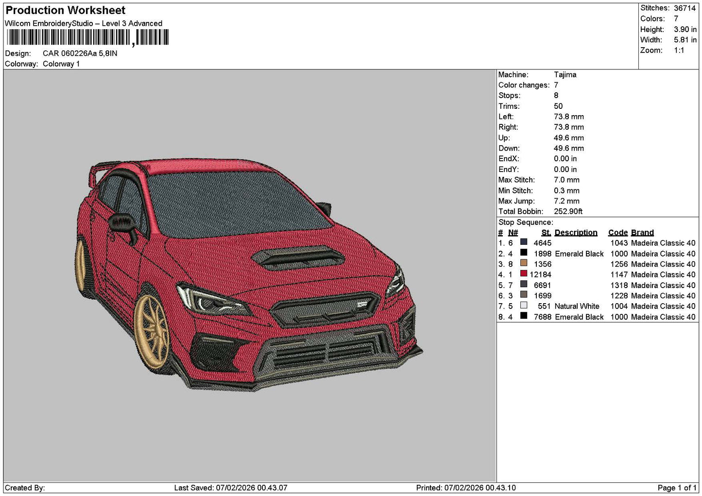 Red Car 0602aa Embroidery File 6 sizes