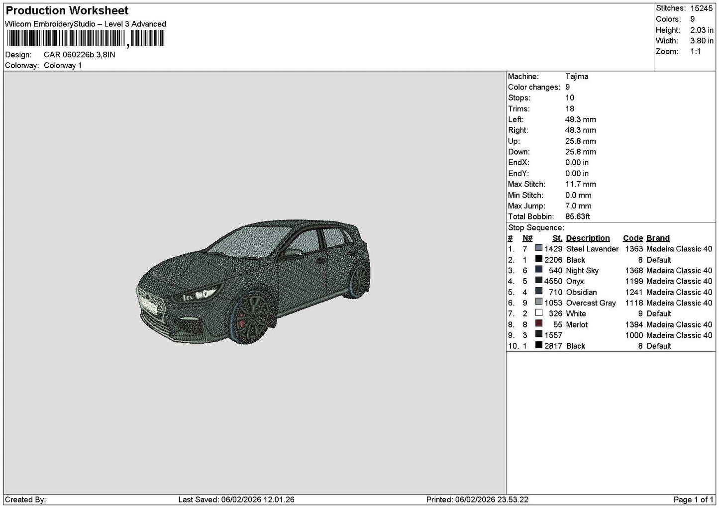 Car 0602b Embroidery File 6 sizes