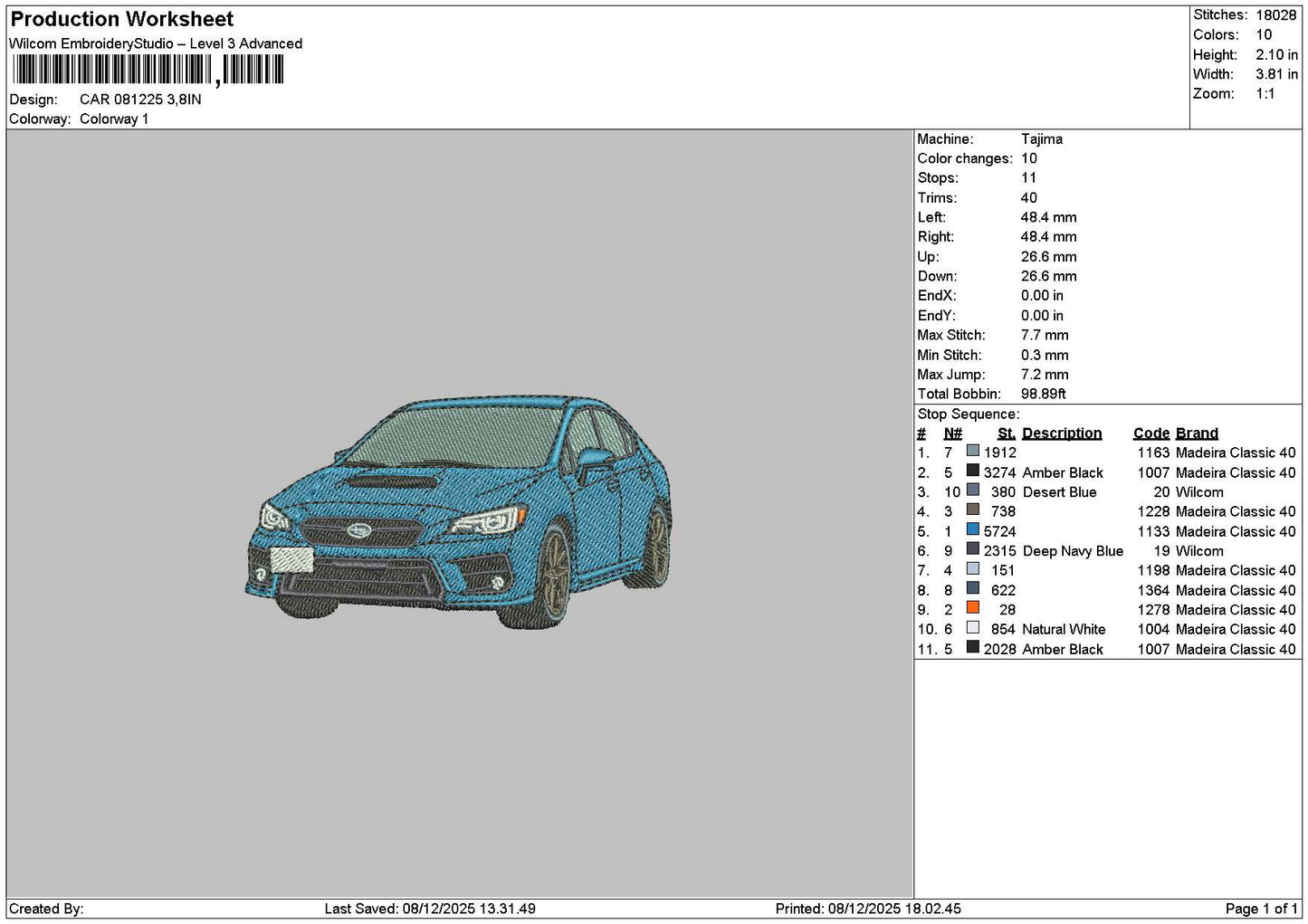 Blue Car 0812 Embroidery File 6 sizes