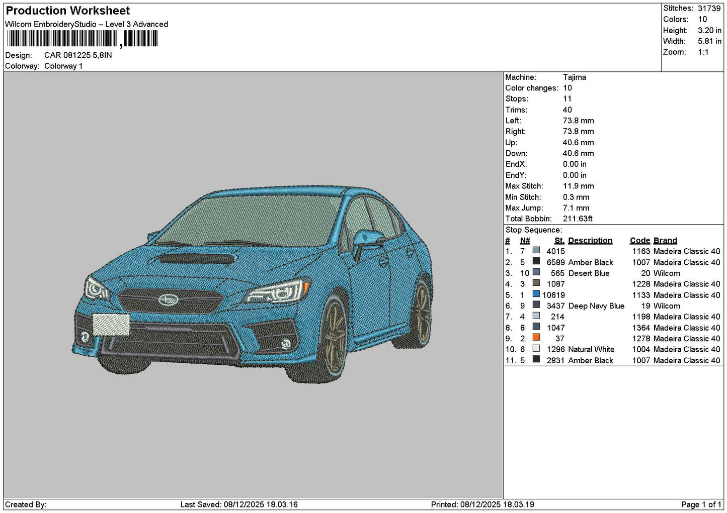 Blue Car 0812 Embroidery File 6 sizes