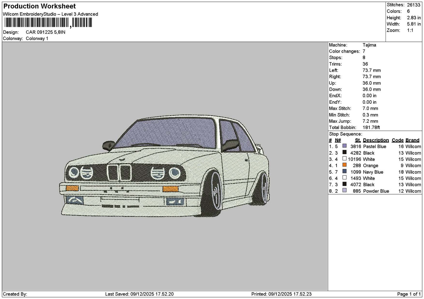 Car 0912 Embroidery File 6 sizes