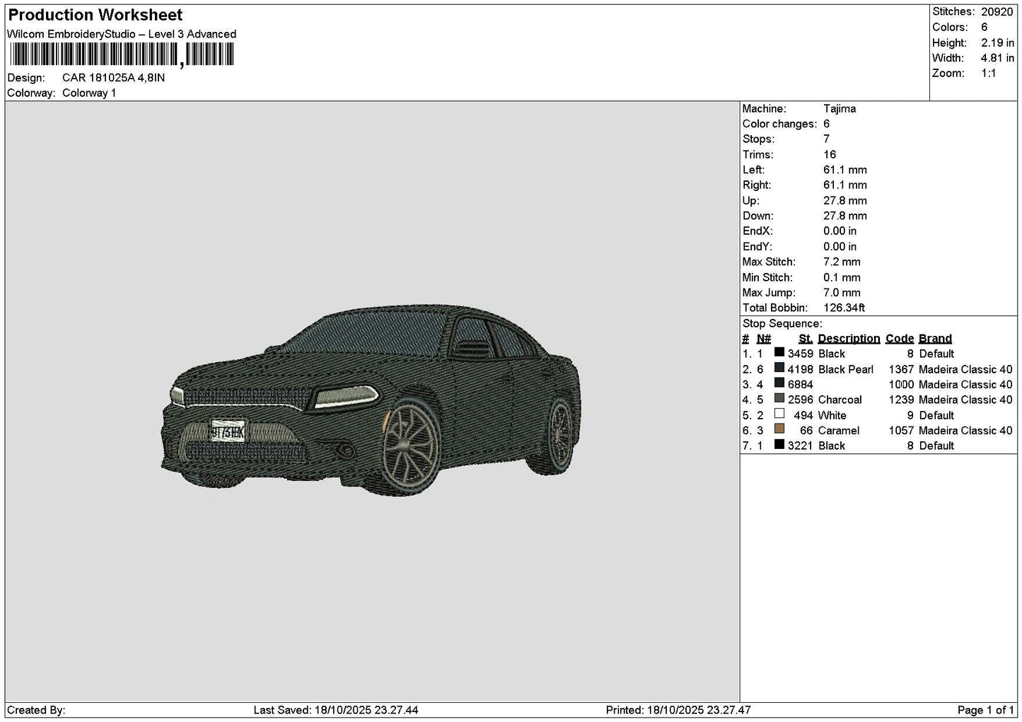 Black Car 1810 Embroidery File 6 sizes