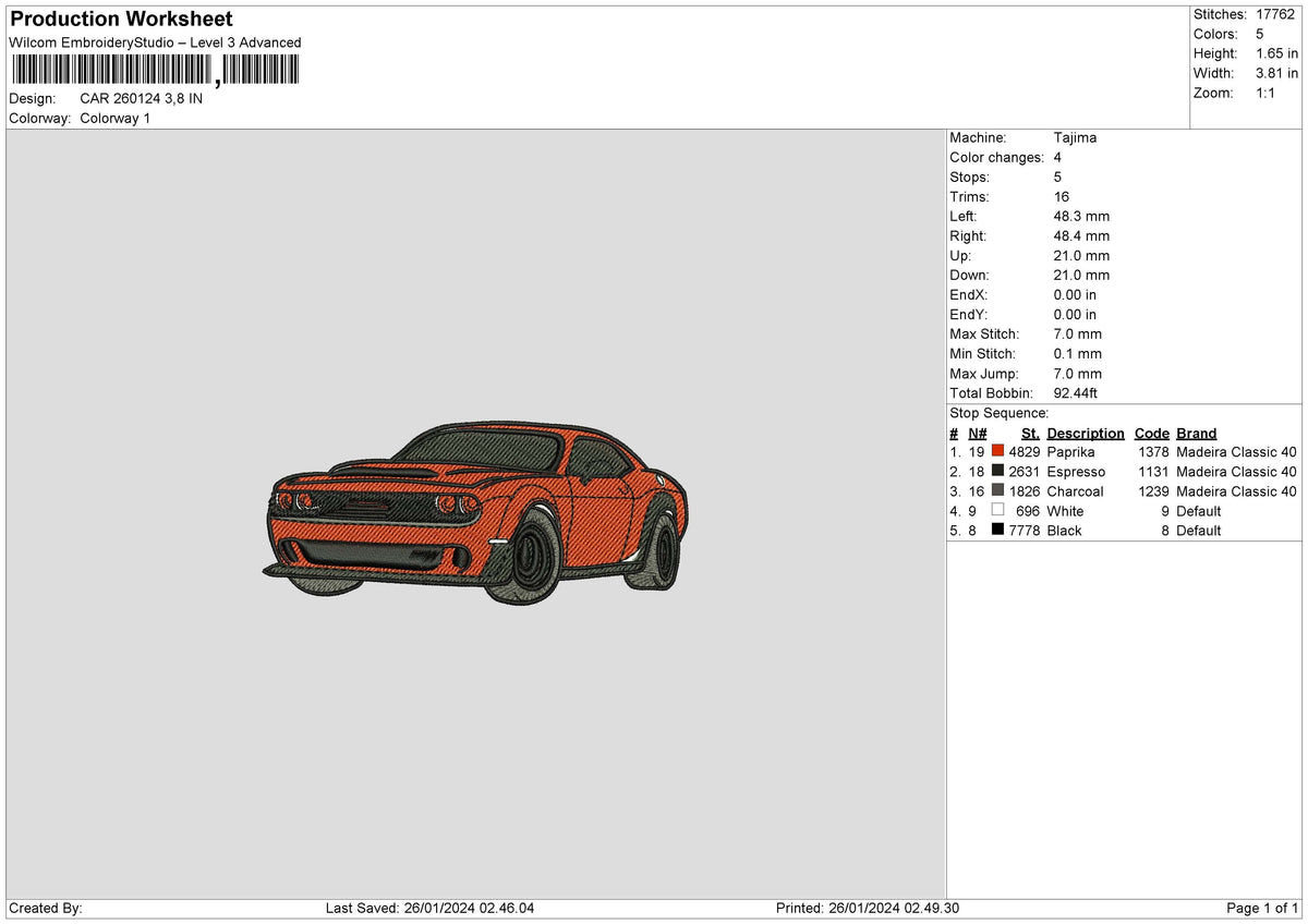 Car Red 2601 Embroidery File 6 sizes