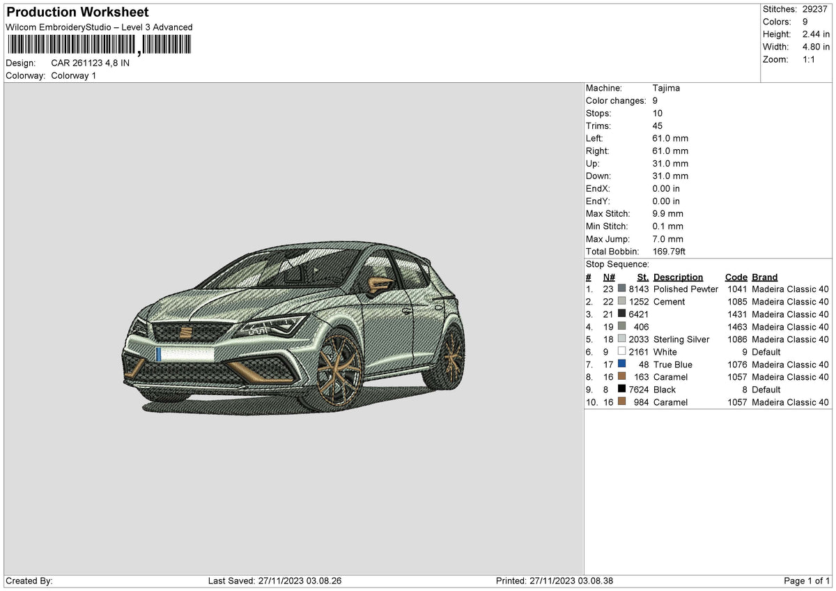 Car 2611 Embroidery File 6 sizes