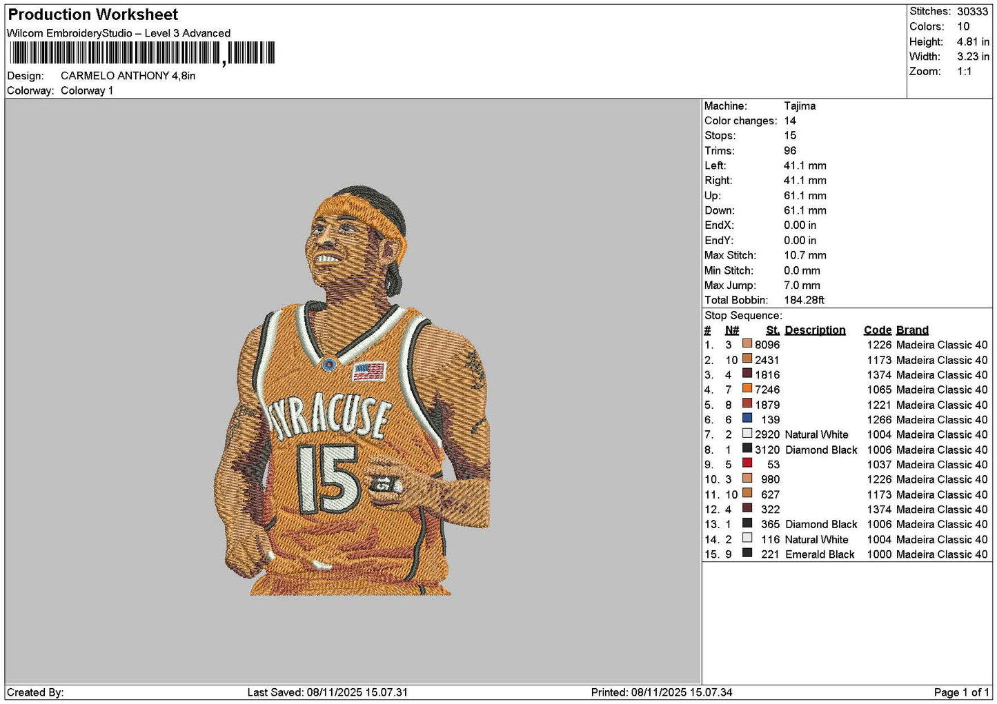 Player 15 Embroidery File 6 sizes