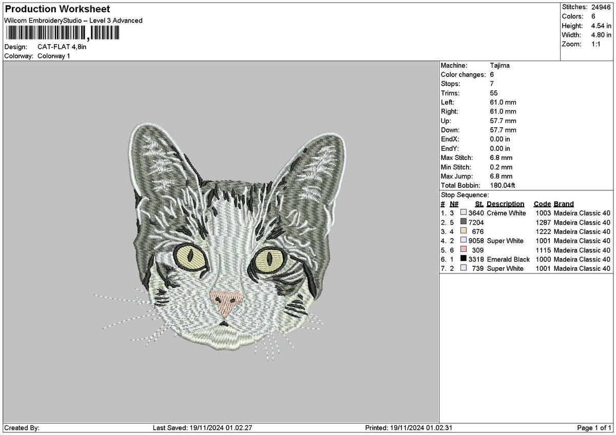Cat Head 1911 Embroidery File 6 sizes