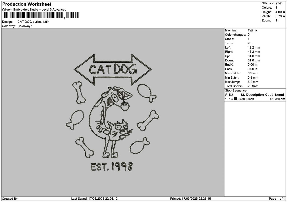 Cat Dog Outline 1703 Embroidery File 6 sizes