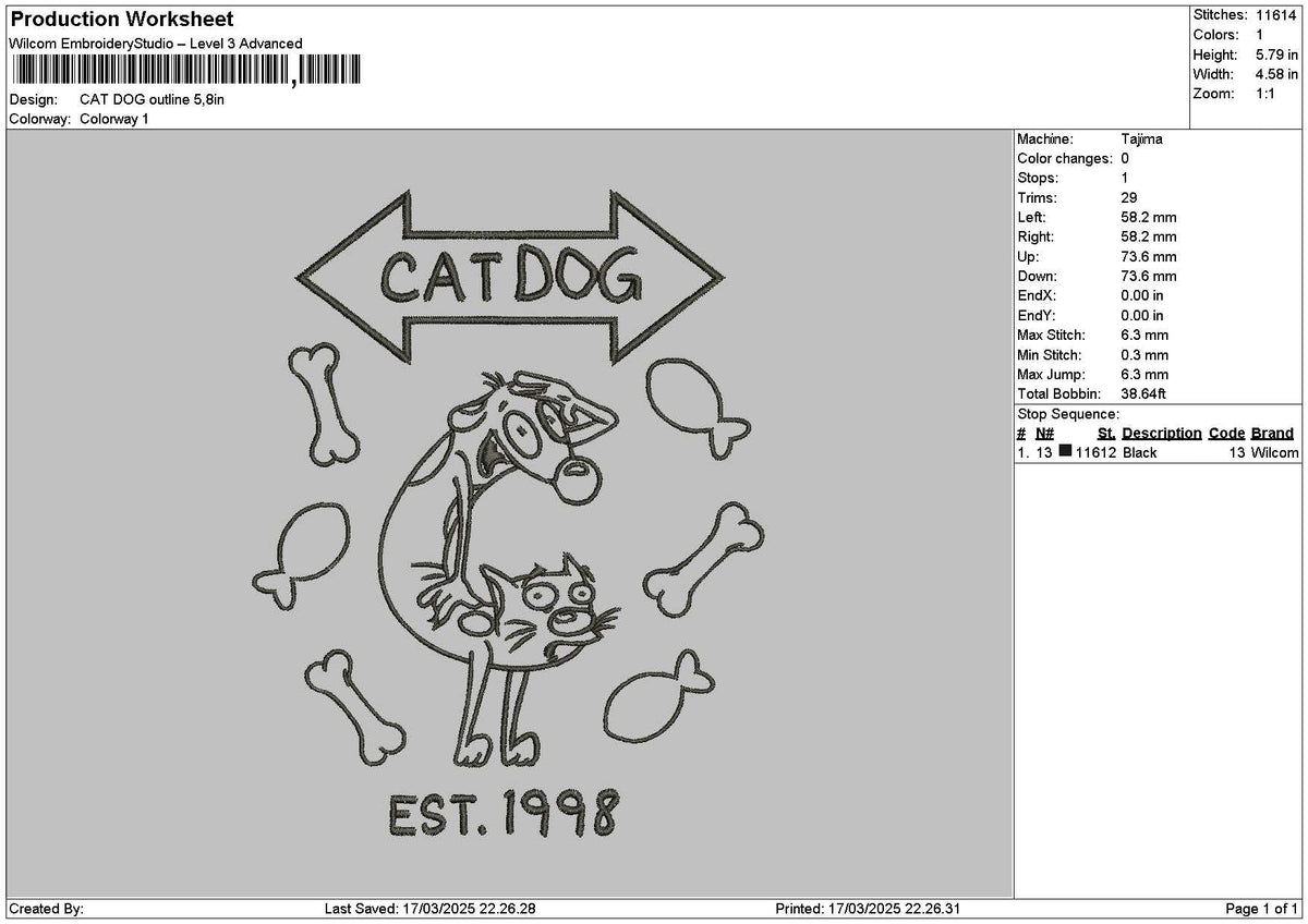 Cat Dog Outline 1703 Embroidery File 6 sizes