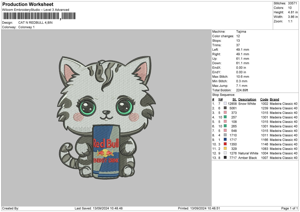 Cat Redbull Embroidery File 6 sizes