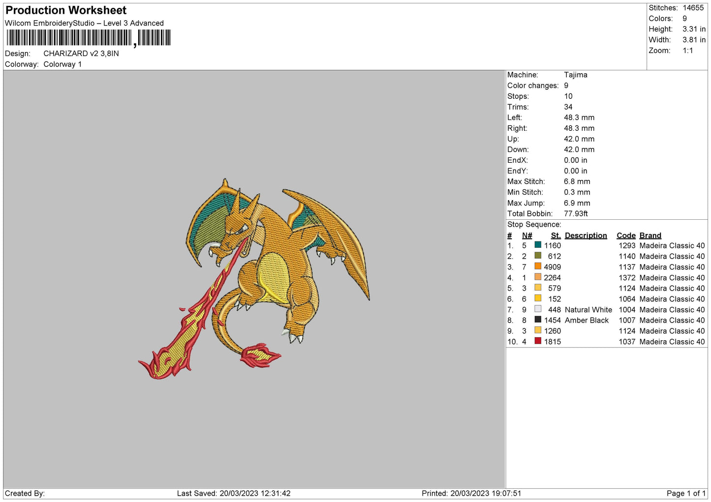 Charizard V2 Embroidery File 6 sizes