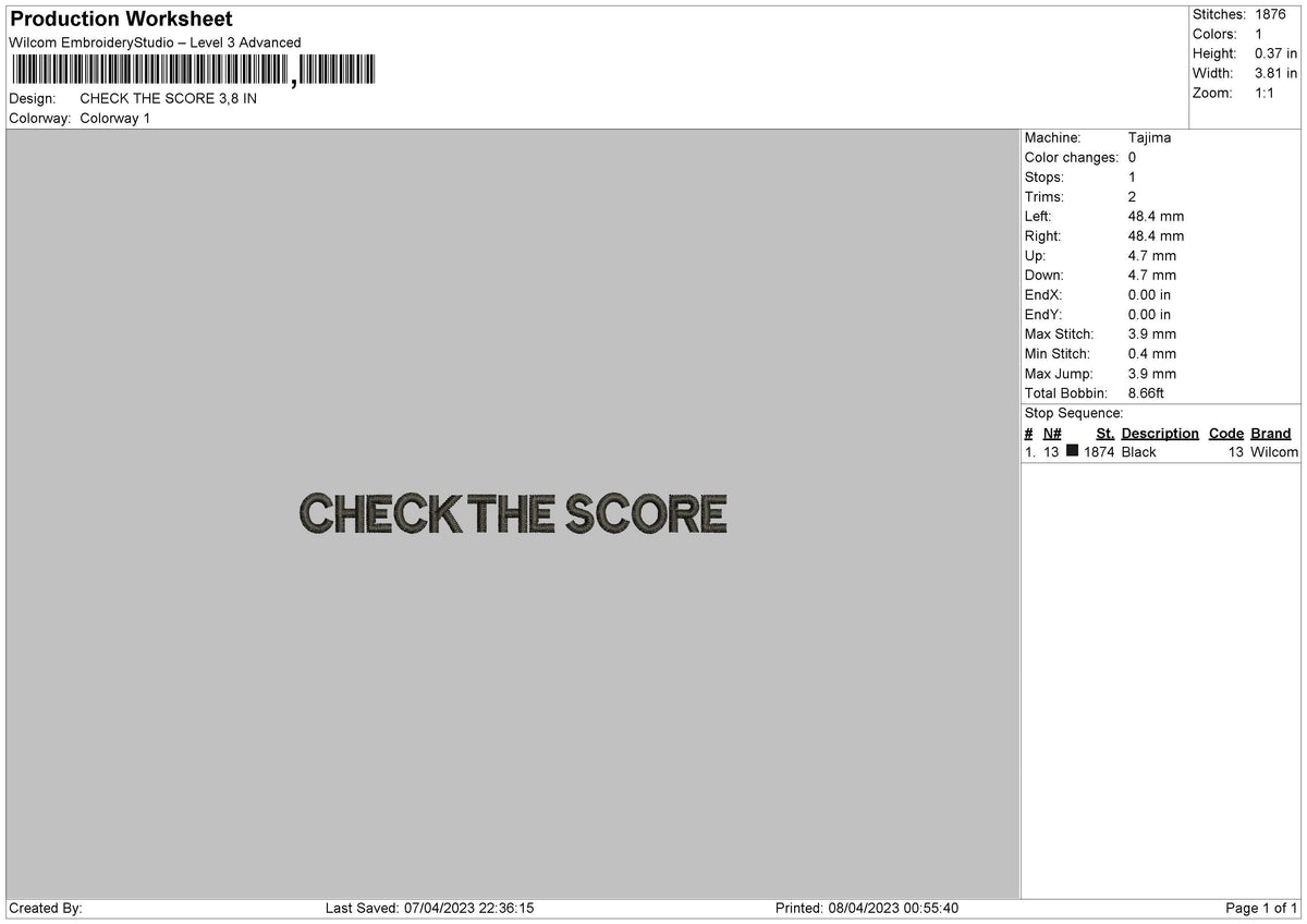 Check The Score Embroidery