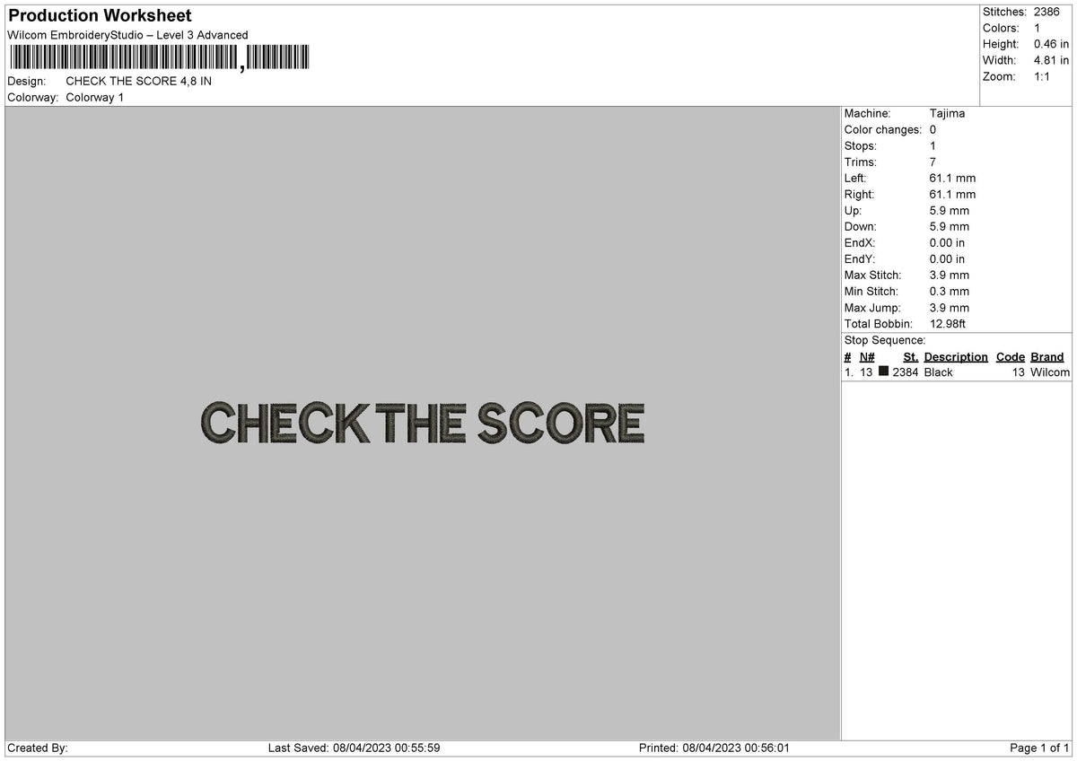 Check The Score Embroidery
