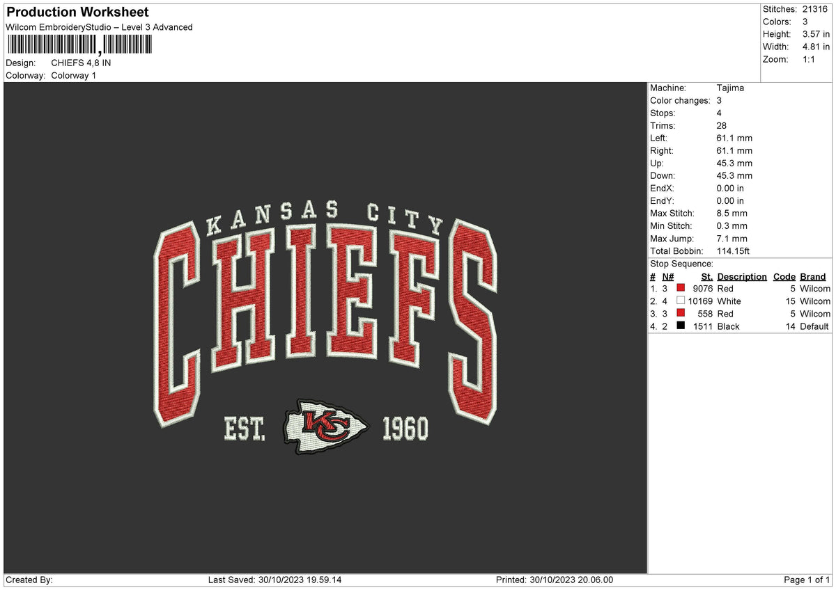 Chiefs3010 Embroidery File 6 sizes