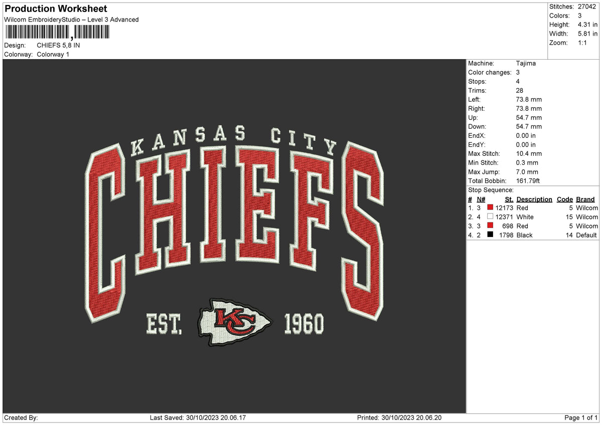 Chiefs3010 Embroidery File 6 sizes
